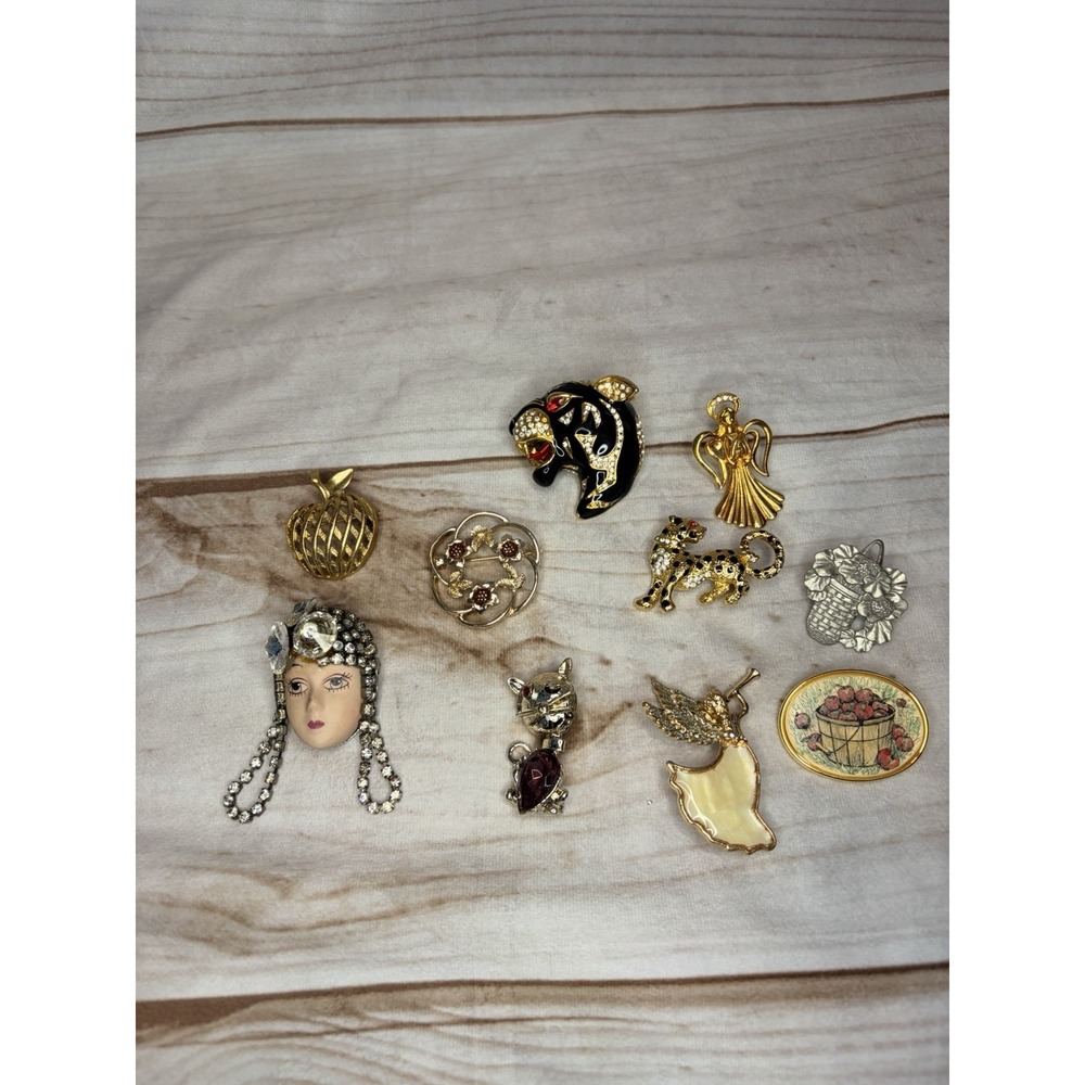 Vintage Brooch Lot Rhinestone Animal Cat Panther Angel Sarah Coventry Flapper